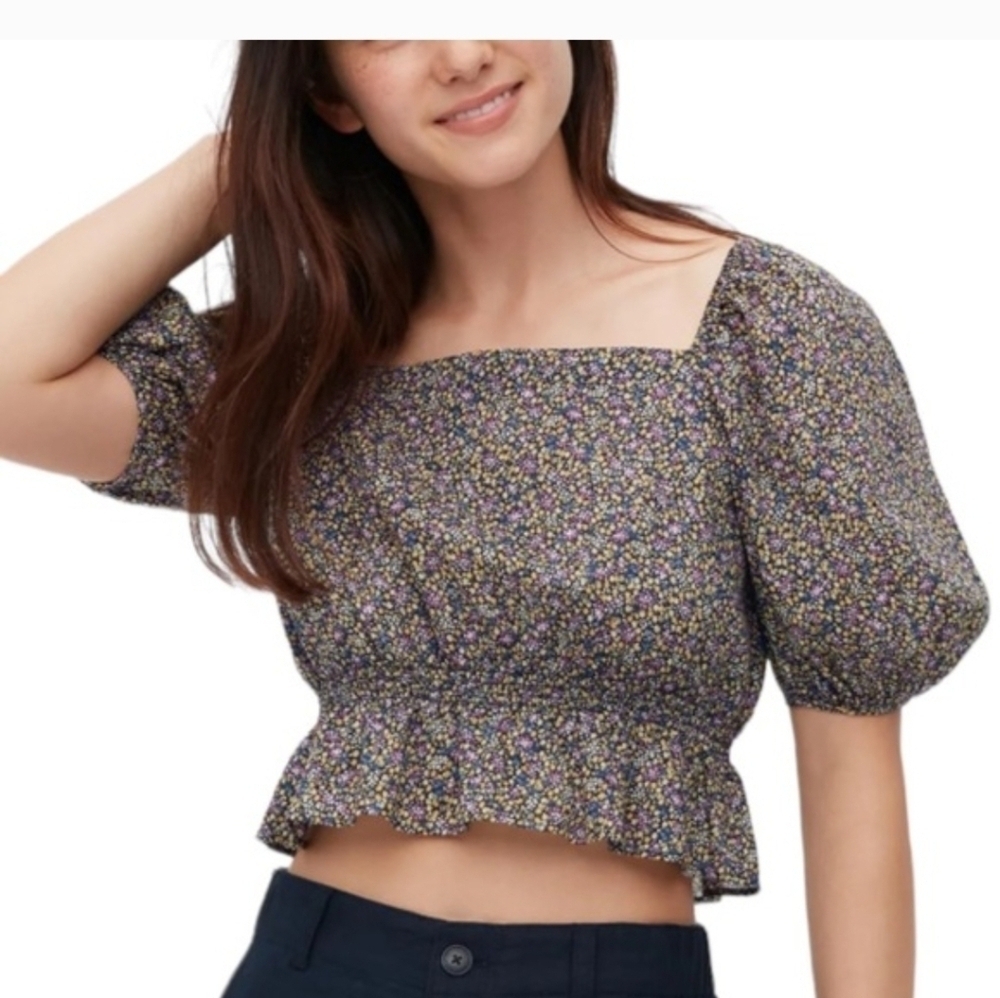 Uniqlo Floral Puff Sleeve Smocked Blouse XS Multicolor